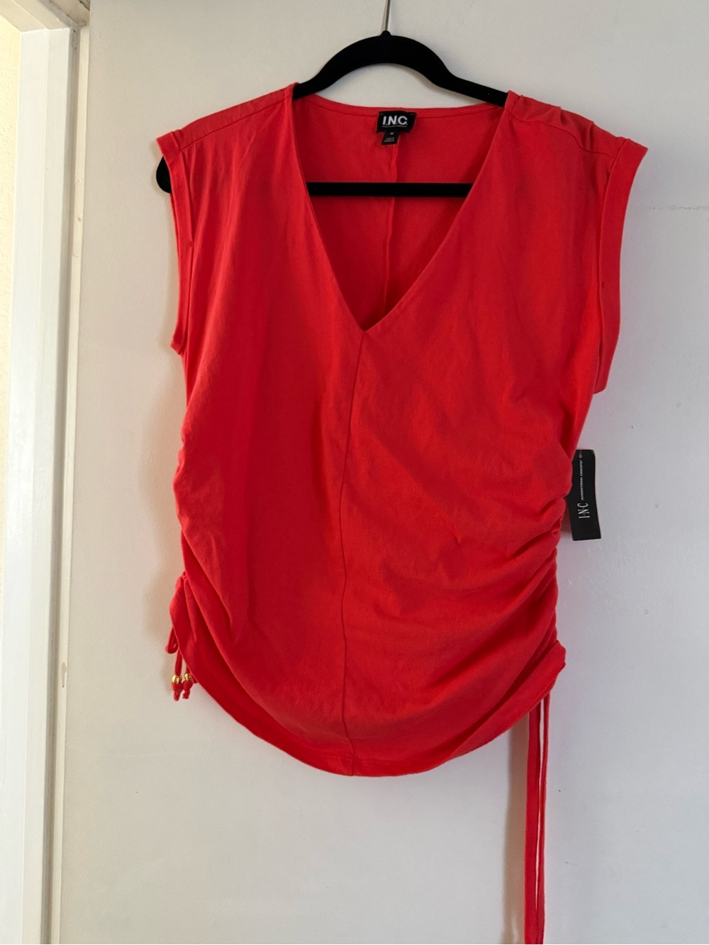 INC International Concepts Bright Red V-Neck Ruched Tank with Drawstrings